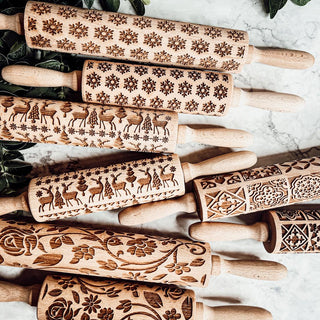 Embossed Rolling Pin Gift Set – Patterned Rolling Pin with Cookie Cutters (Box Style)