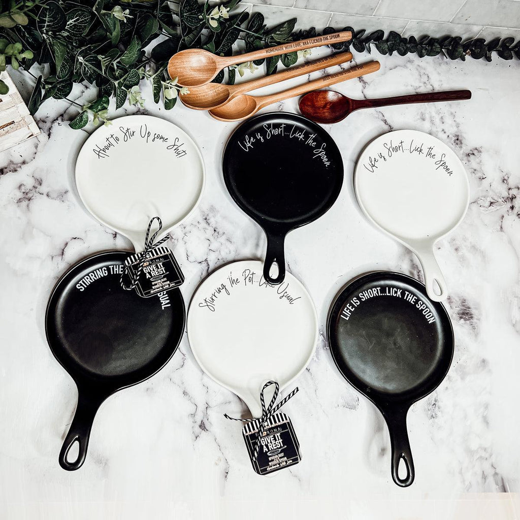 Give it a Rest Funny Spoon Rest & Wooden Spoon Set – Porcelain Kitchen Spoon Holder Gift