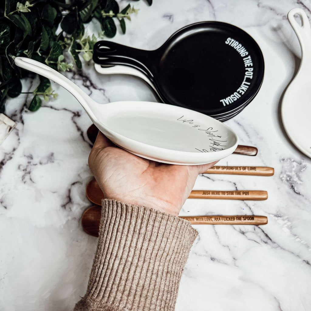 Give it a Rest Funny Spoon Rest & Wooden Spoon Set – Porcelain Kitchen Spoon Holder Gift