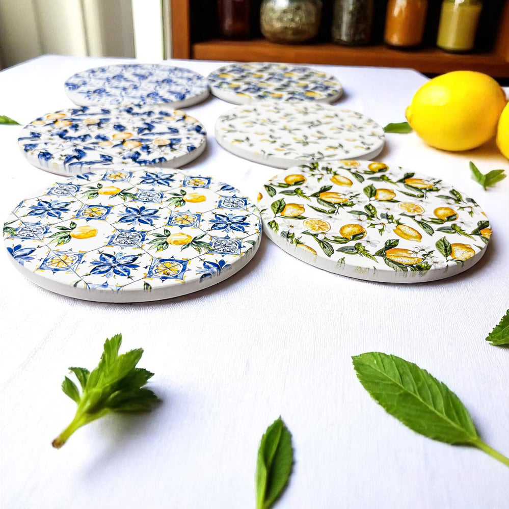 Mediterranean Lemon Ceramic Coasters – Blue Tile & Citrus Designs (4