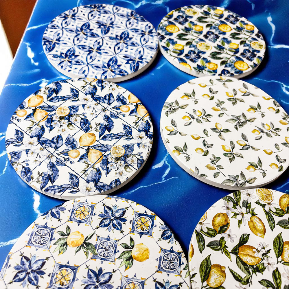 Mediterranean Lemon Ceramic Coasters – Blue Tile & Citrus Designs (4