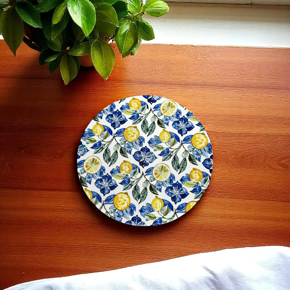 Mediterranean Lemon Ceramic Coasters – Blue Tile & Citrus Designs (4