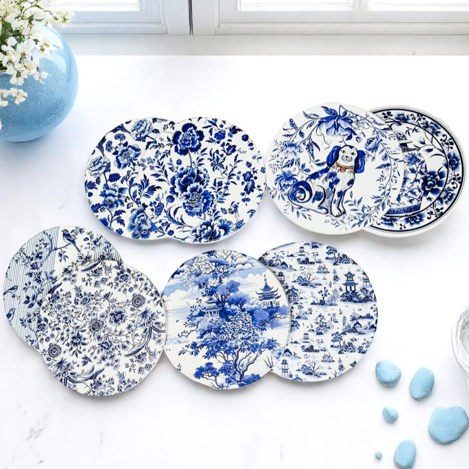 Blue & White Chinoiserie Ceramic Coasters – Classic Porcelain-Inspired Designs