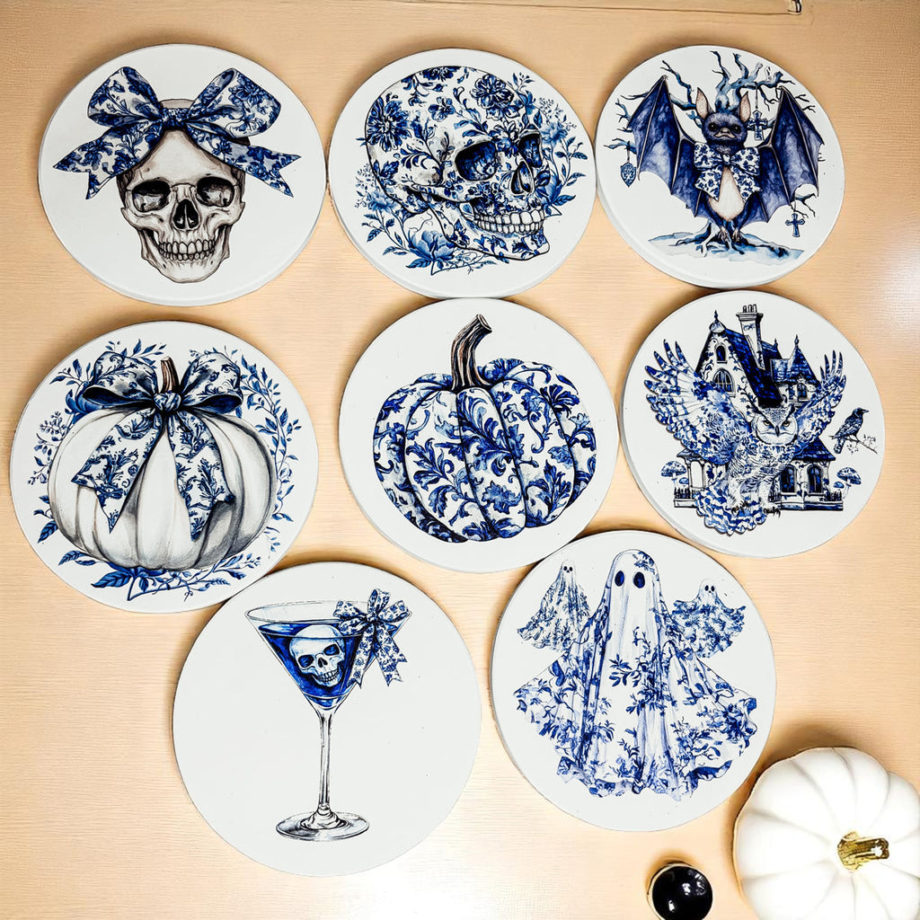 Blue & White Chinoiserie Halloween Coasters – Set of 8 Designs
