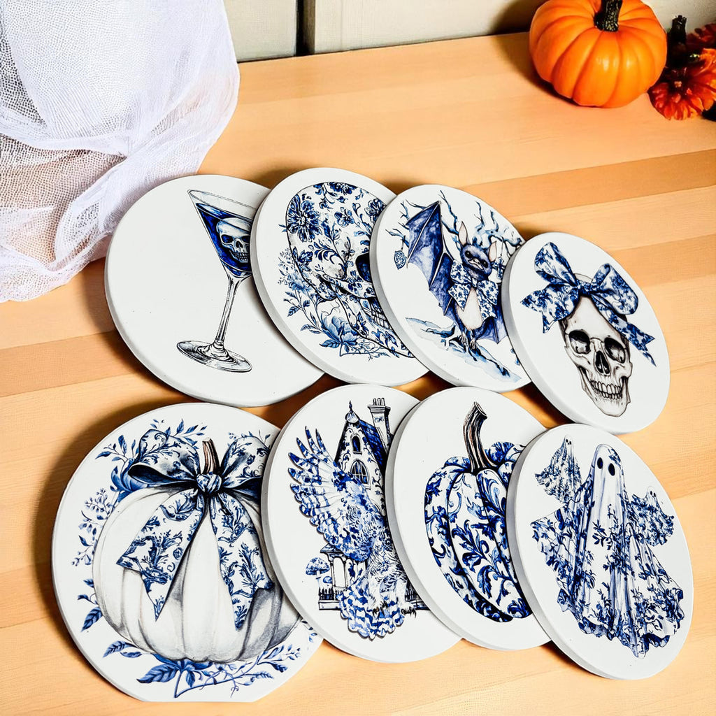 Blue & White Chinoiserie Halloween Coasters – Set of 8 Designs