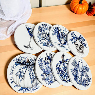 Blue & White Chinoiserie Halloween Coasters – Set of 8 Designs