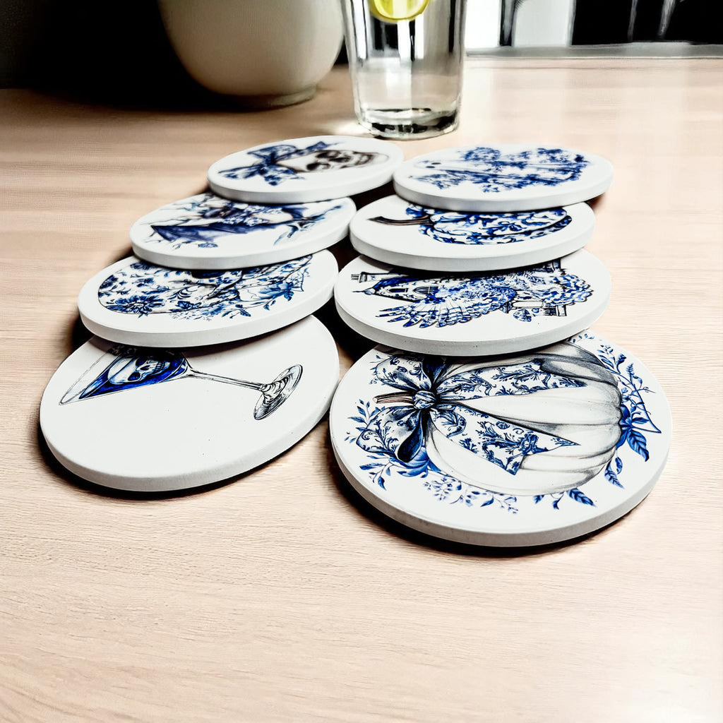 Blue & White Chinoiserie Halloween Coasters – Set of 8 Designs
