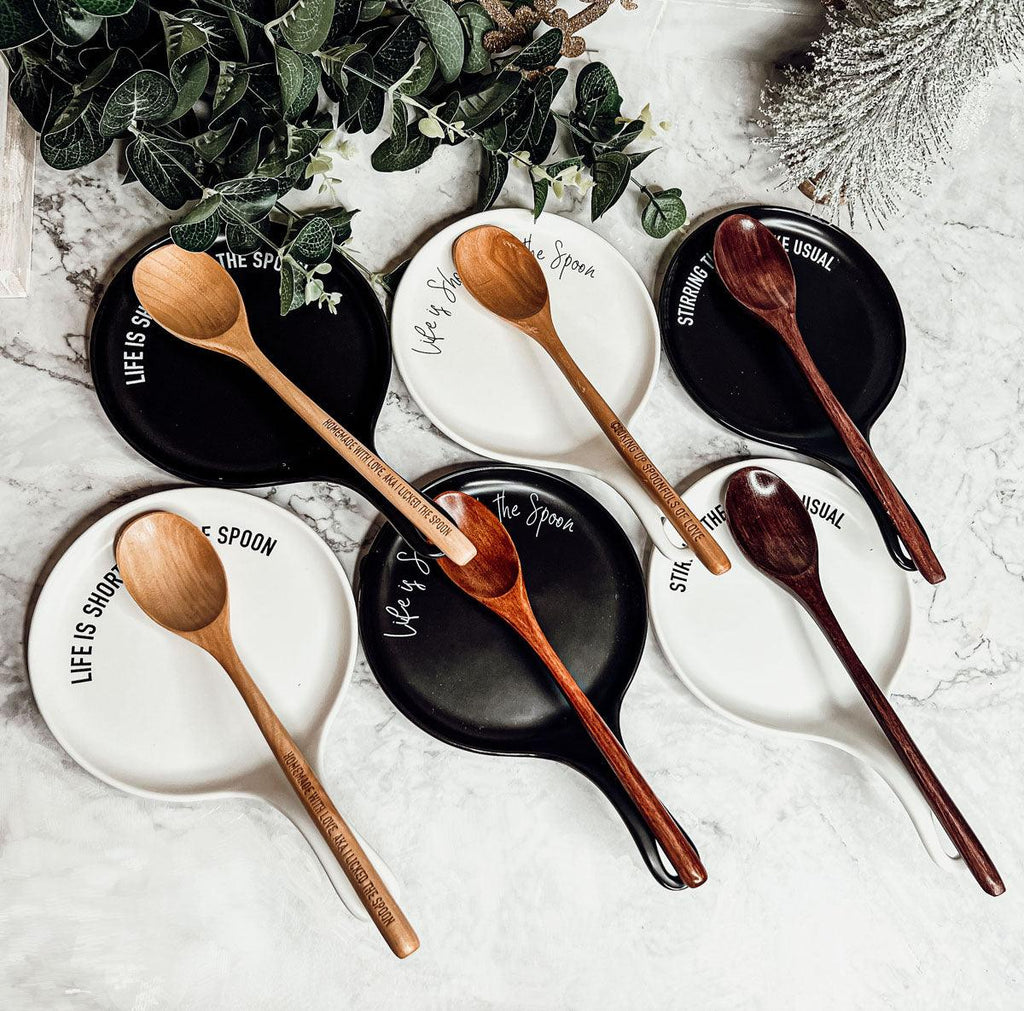 Funny Baking Spoon Rest with Wooden Spoon – Porcelain Kitchen Spoon Holder