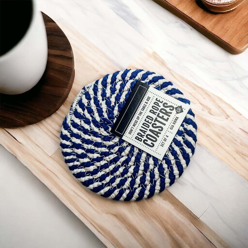 Blue & White Braided Rope Coasters – Coastal Cotton Drink Coasters (Set of 4)
