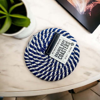 Blue & White Braided Rope Coasters – Coastal Cotton Drink Coasters (Set of 4)