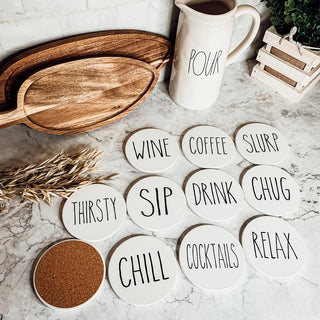 One Word Ceramic Coasters – Minimalist Bar & Coffee Table Collection (4