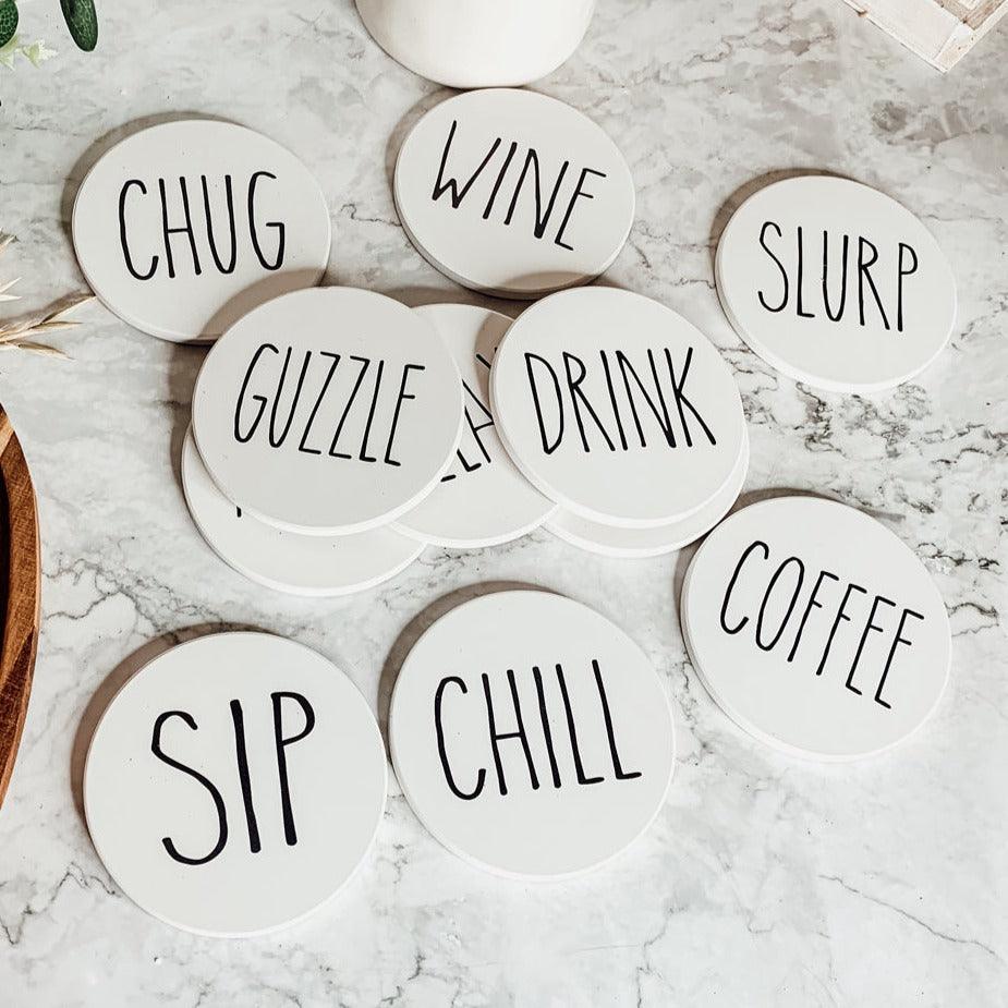 One Word Ceramic Coasters – Minimalist Bar & Coffee Table Collection (4