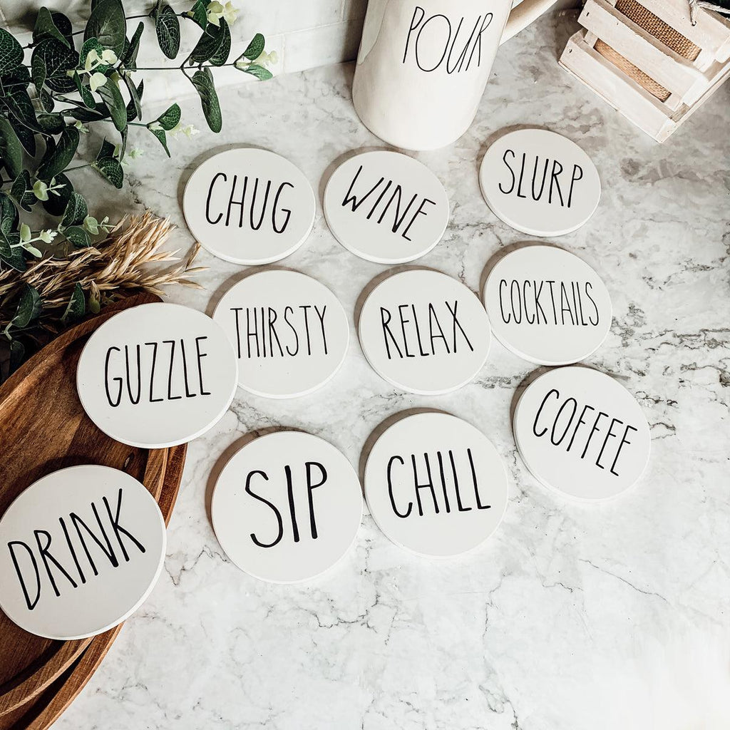One Word Ceramic Coasters – Minimalist Bar & Coffee Table Collection (4