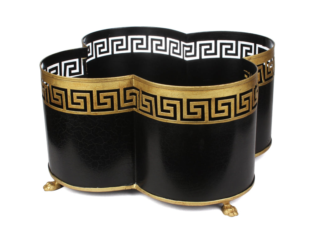 Black & Gold Greek Key Quatrefoil Planter