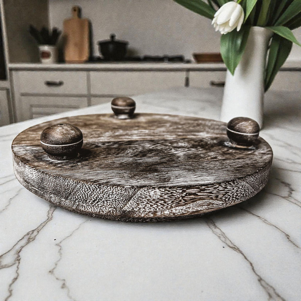 Round Wooden Pedestal Tray – Rustic or Natural Paulownia Wood Display Stand