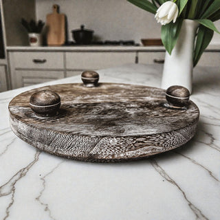Round Wooden Pedestal Tray – Rustic or Natural Paulownia Wood Display Stand
