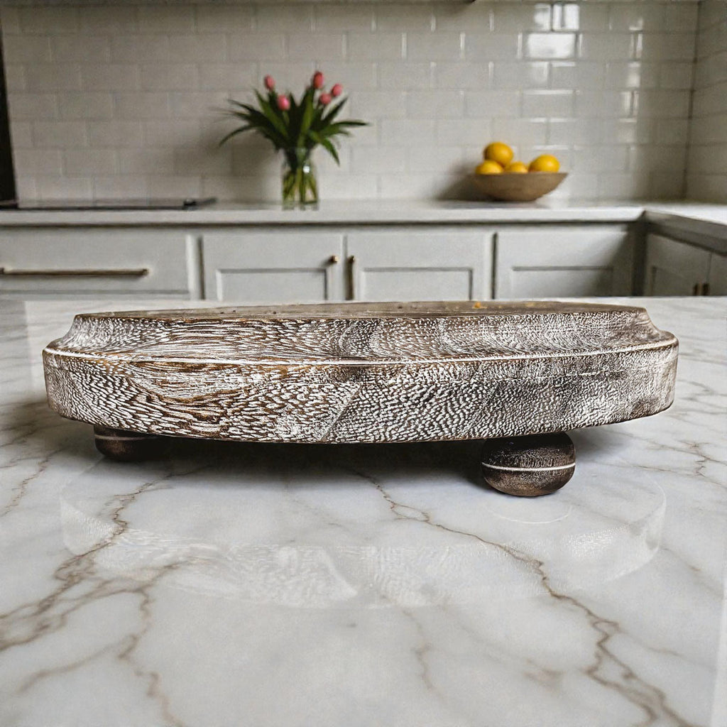 Round Wooden Pedestal Tray – Rustic or Natural Paulownia Wood Display Stand