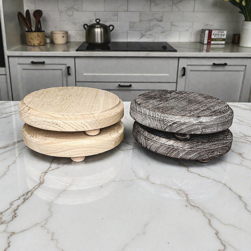 Round Wooden Pedestal Tray – Rustic or Natural Paulownia Wood Display Stand