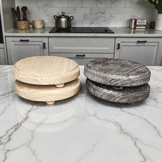 Round Wooden Pedestal Tray – Rustic or Natural Paulownia Wood Display Stand