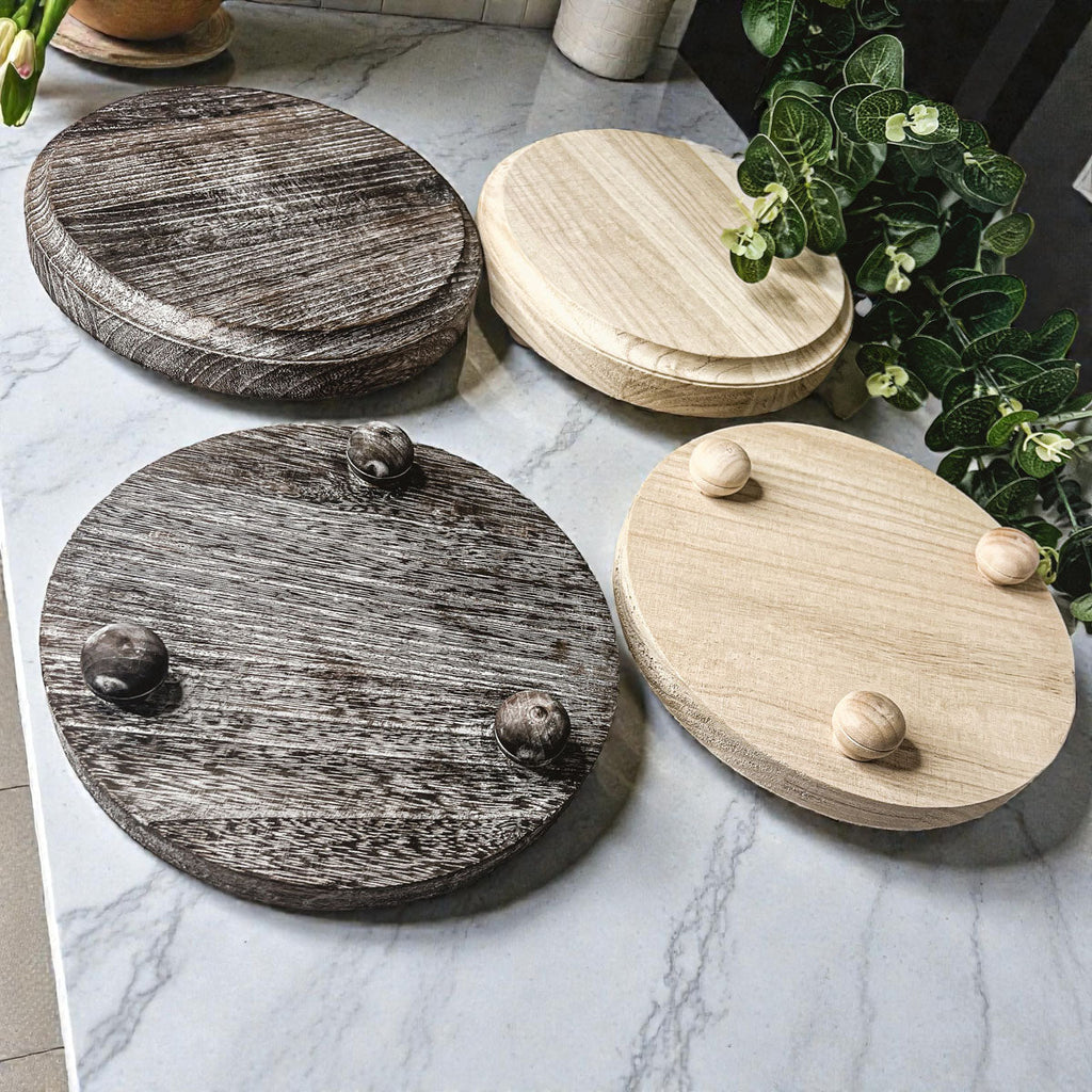 Round Wooden Pedestal Tray – Rustic or Natural Paulownia Wood Display Stand