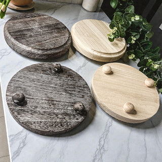 Round Wooden Pedestal Tray – Rustic or Natural Paulownia Wood Display Stand