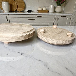 Round Wooden Pedestal Tray – Rustic or Natural Paulownia Wood Display Stand