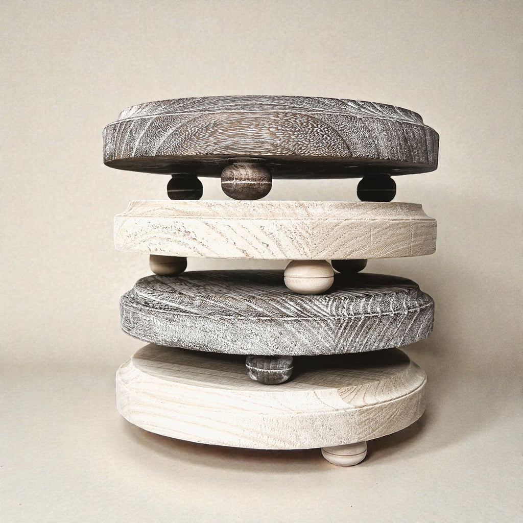Round Wooden Pedestal Tray – Rustic or Natural Paulownia Wood Display Stand