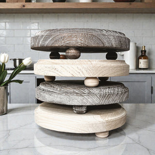 Round Wooden Pedestal Tray – Rustic or Natural Paulownia Wood Display Stand