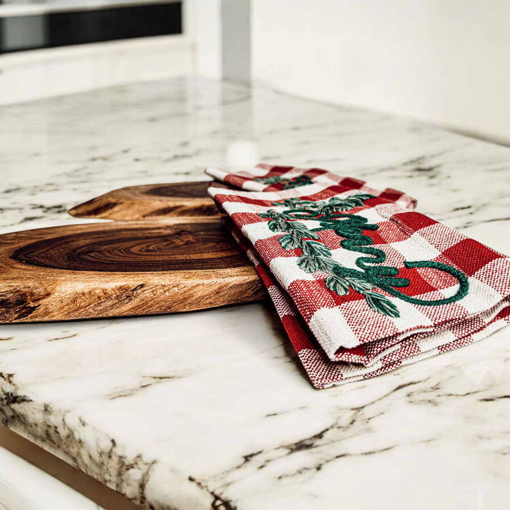 Holiday Charcuterie Board & Tartan Kitchen Towel Set – Merry or Joyful