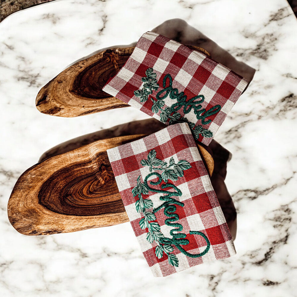 Holiday Charcuterie Board & Tartan Kitchen Towel Set – Merry or Joyful