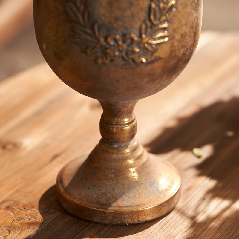 Vintage Antique Gold Pedestal Planter with Embossed Botanical Design