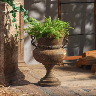 Vintage Iron Urn Planter with Pedestal & Curved Handles