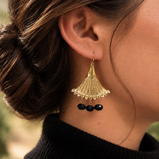 Gold Fan with Jet Bead Drop Wire Earrings