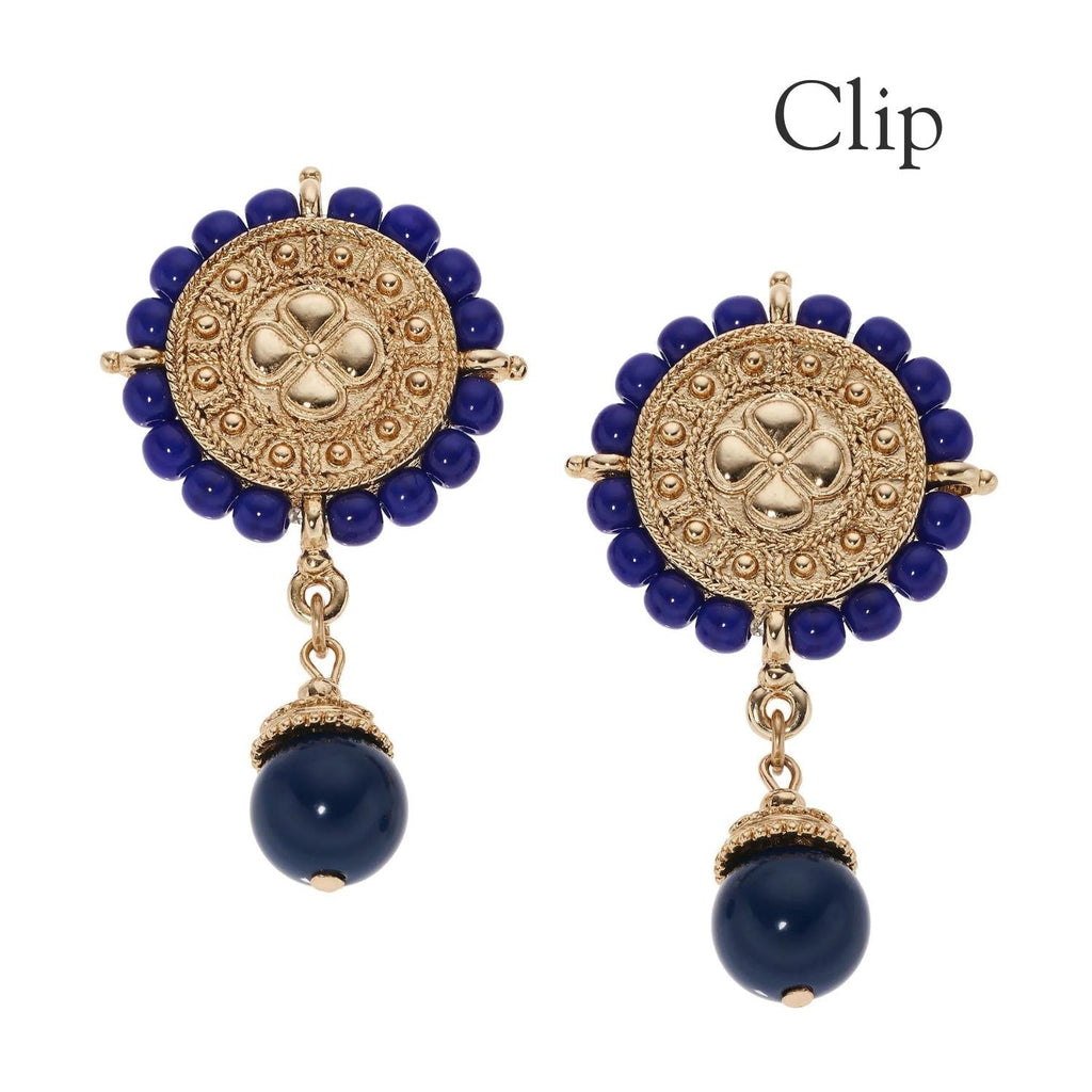Gold Medallion with Lapis Clip Earrings