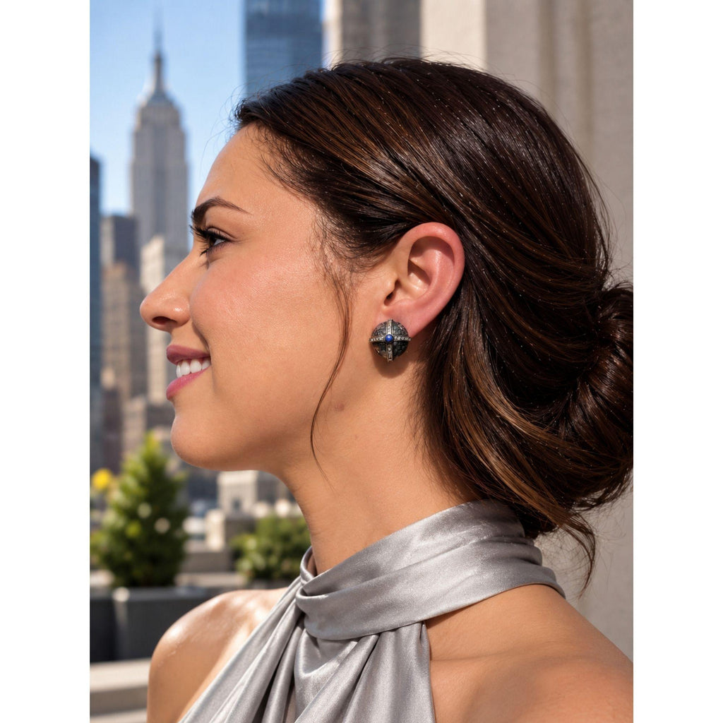 Silver Gray Enamel Round Clip Earrings