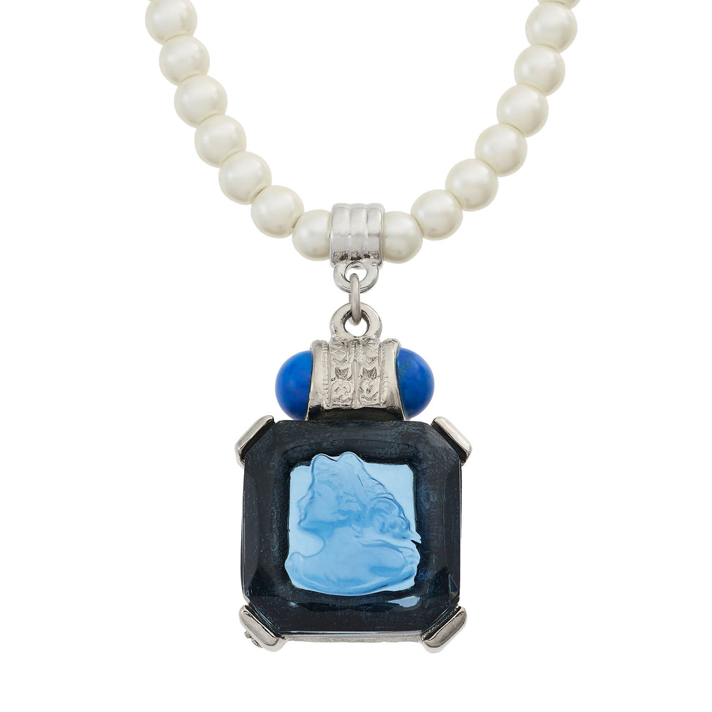 Blue Venetian Glass Intaglio Pendant on Glass Pearl Necklace