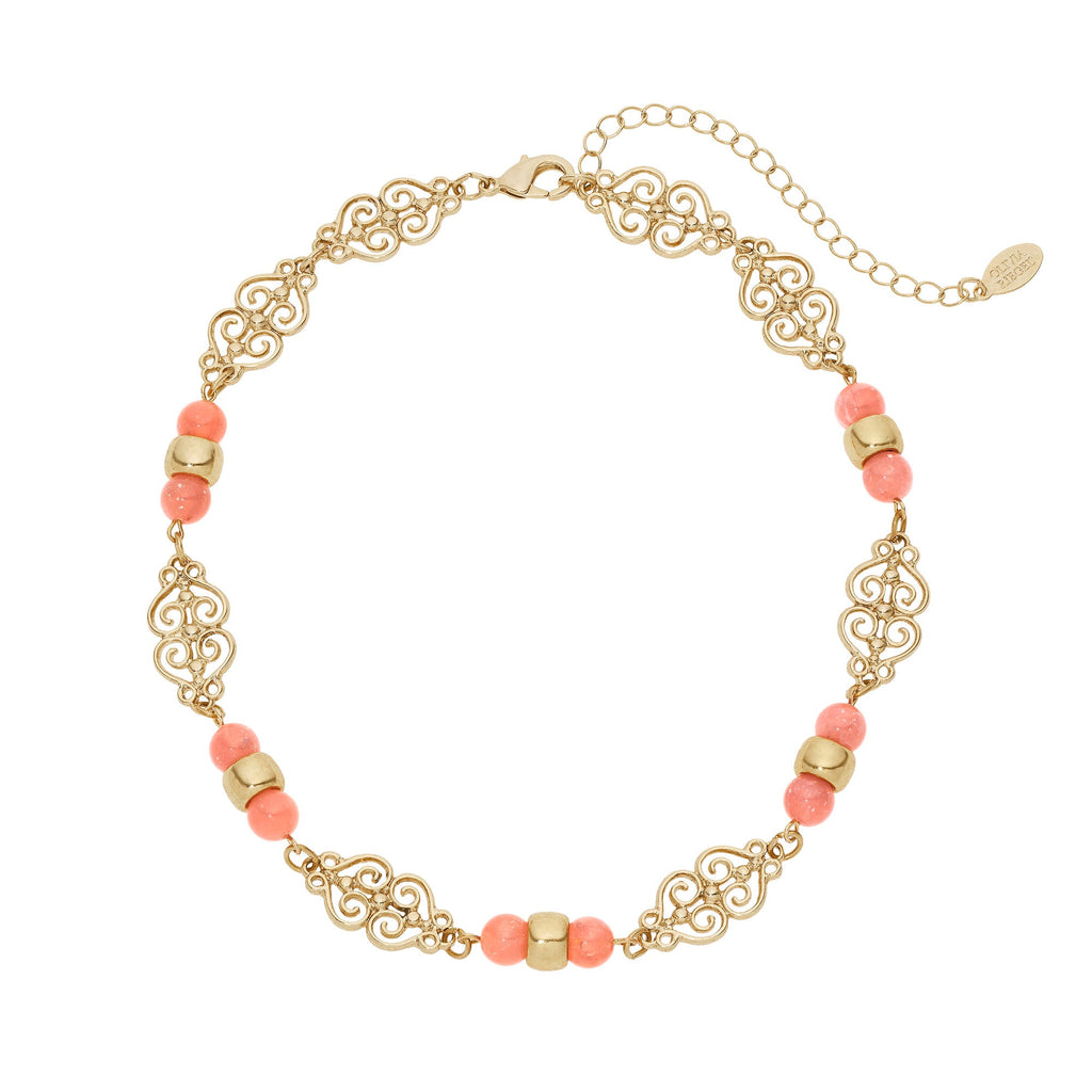 Pink Bead Gold Necklace