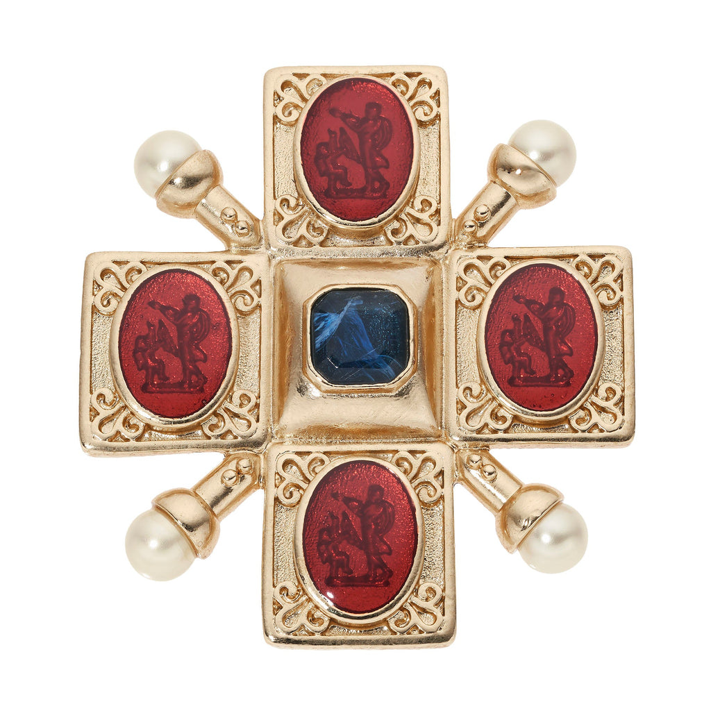 Byzantine Revival Cross Brooch with Intaglios & Pearls