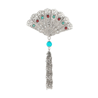 Silver Fan with Tassel Brooch