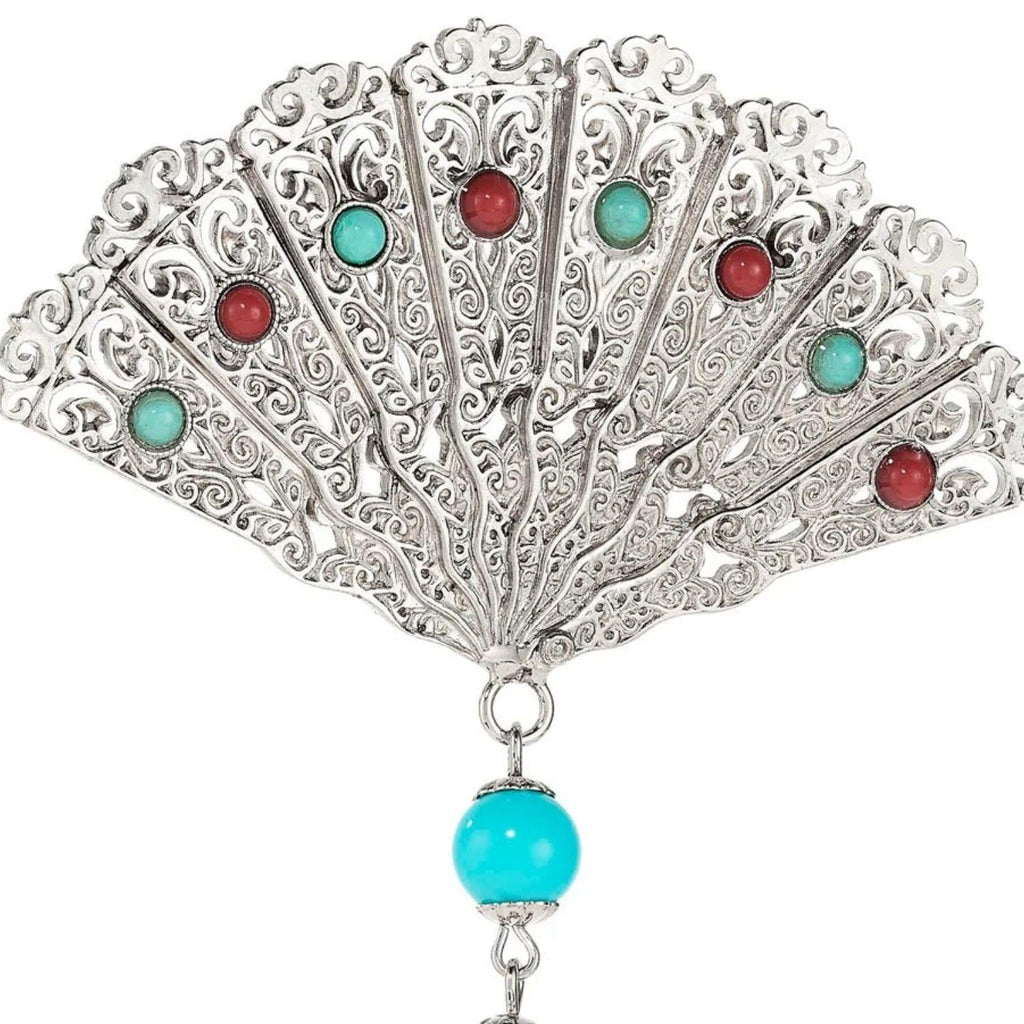 Silver Fan with Tassel Brooch