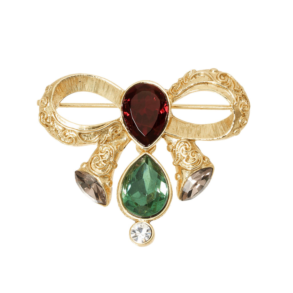 Gold Bow Brooch with Crystals