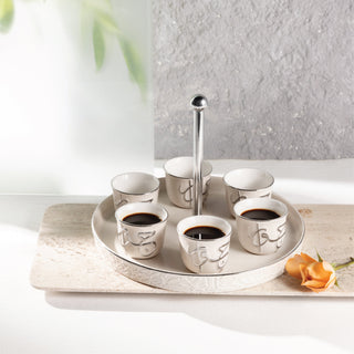 Jiwar Arabic Coffee Cups With Holder Beige & Silver | Luxury Coffee Serveware