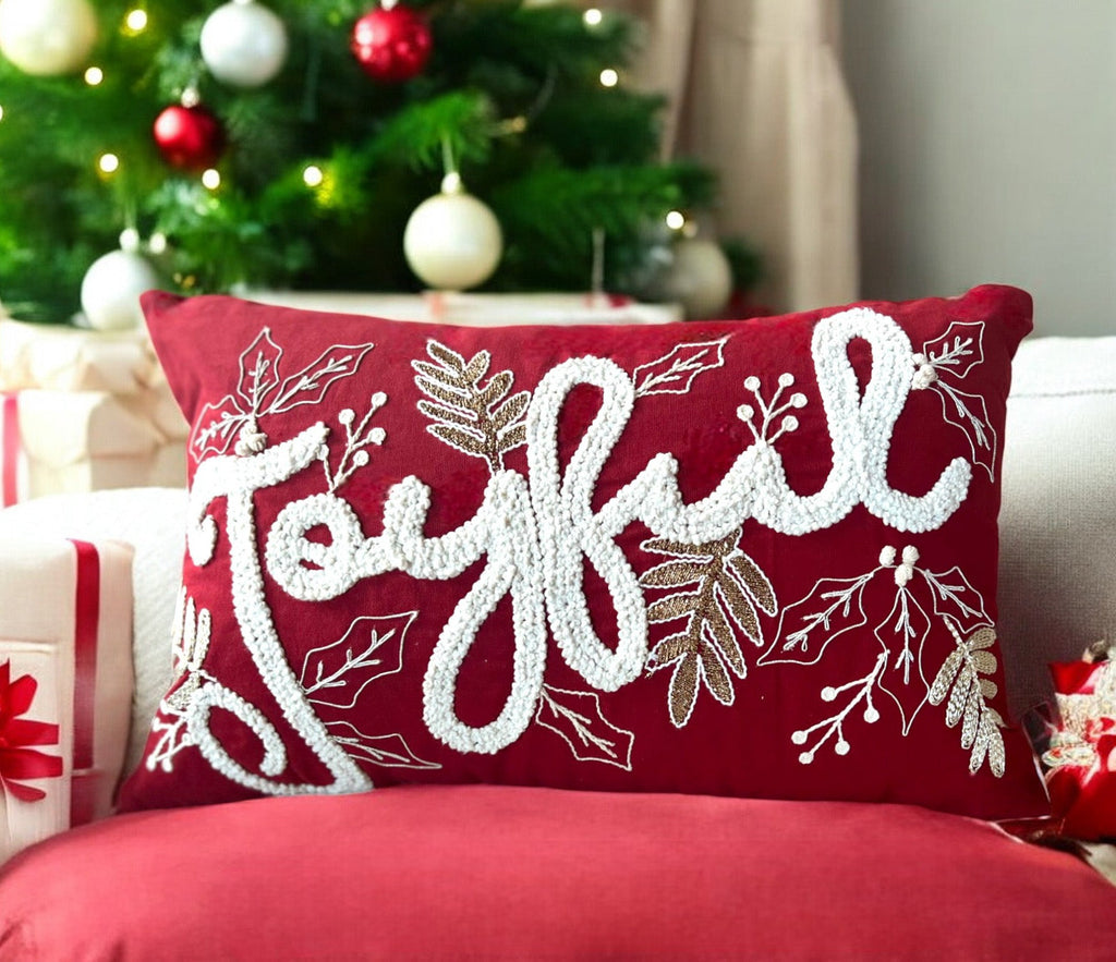 Joyful Gold and Red Embroidered Christmas Pillow – Holiday Collection