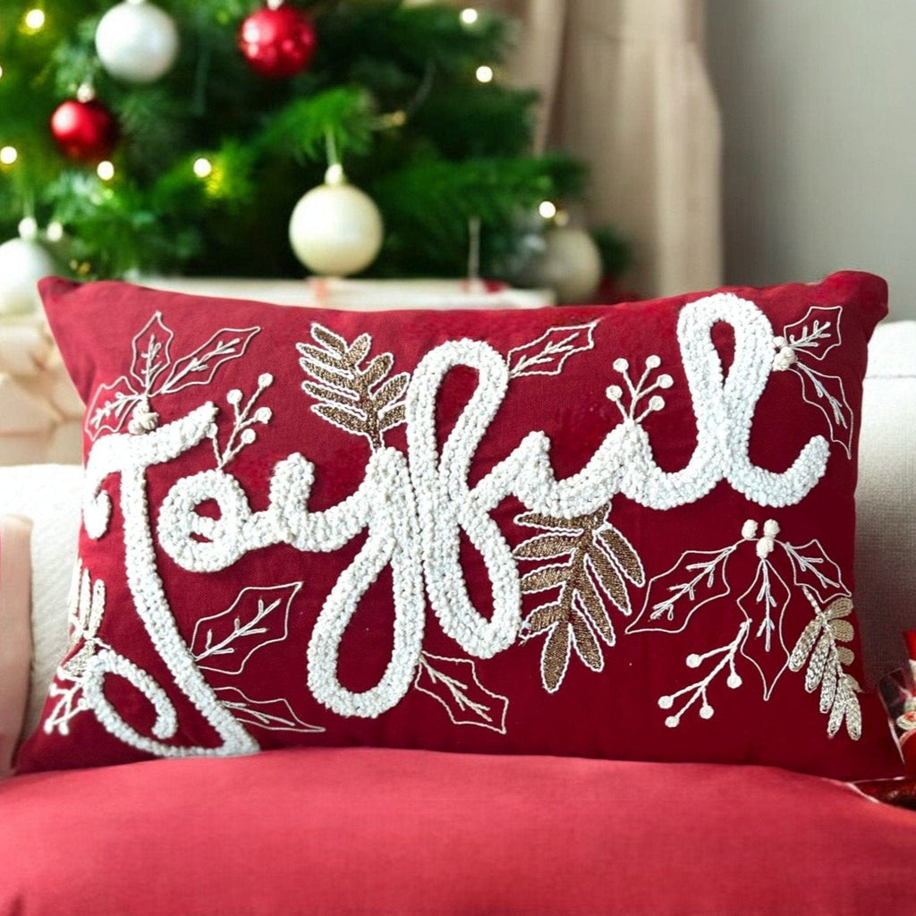 Joyful Gold and Red Embroidered Christmas Pillow – Holiday Collection