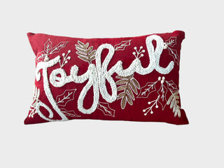 Joyful Gold and Red Embroidered Christmas Pillow – Holiday Collection