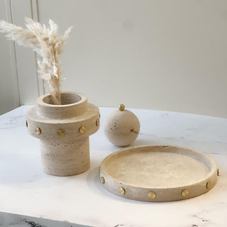 Round Travertine Decorative Tray with Gold Studs – 9.8