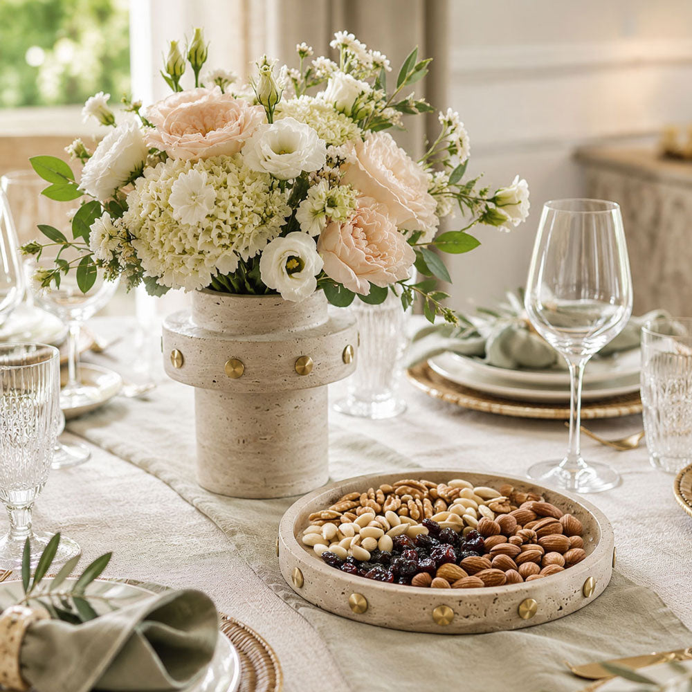 Round Travertine Decorative Tray with Gold Studs – 9.8