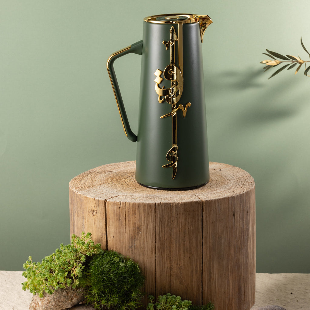 Liqaa Vacuum Flask Thermos – Olive Green & Gold, Double-Wall Stainless Steel Flask