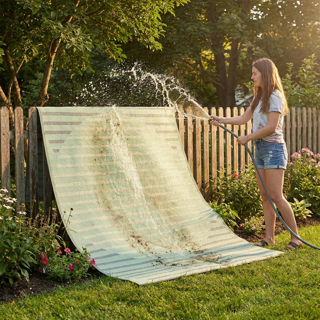 Kyoto Green Striped Reversible Outdoor Patio Rug