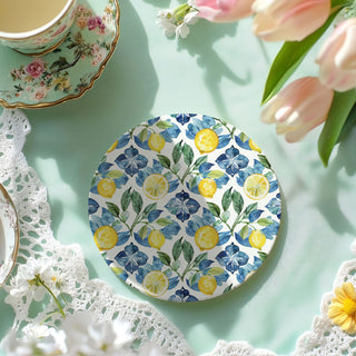 Mediterranean Lemon Ceramic Coasters – Blue Tile & Citrus Designs (4